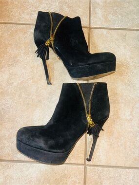 bebe Black Suede Platform Ankle Boots with Gold Zipper Tassel